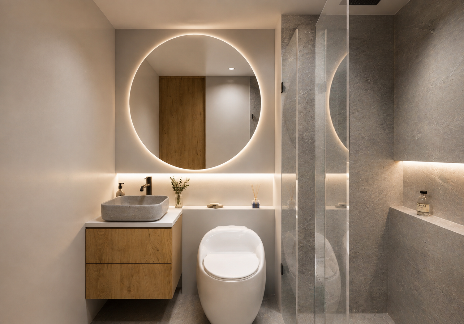 Diseño de baño moderno realizado mediante asesoría virtual de diseño de interiores
